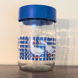 Vintage Blue-Lidded Glass Jar Cannoster with Goose Motif Porch Country Goose